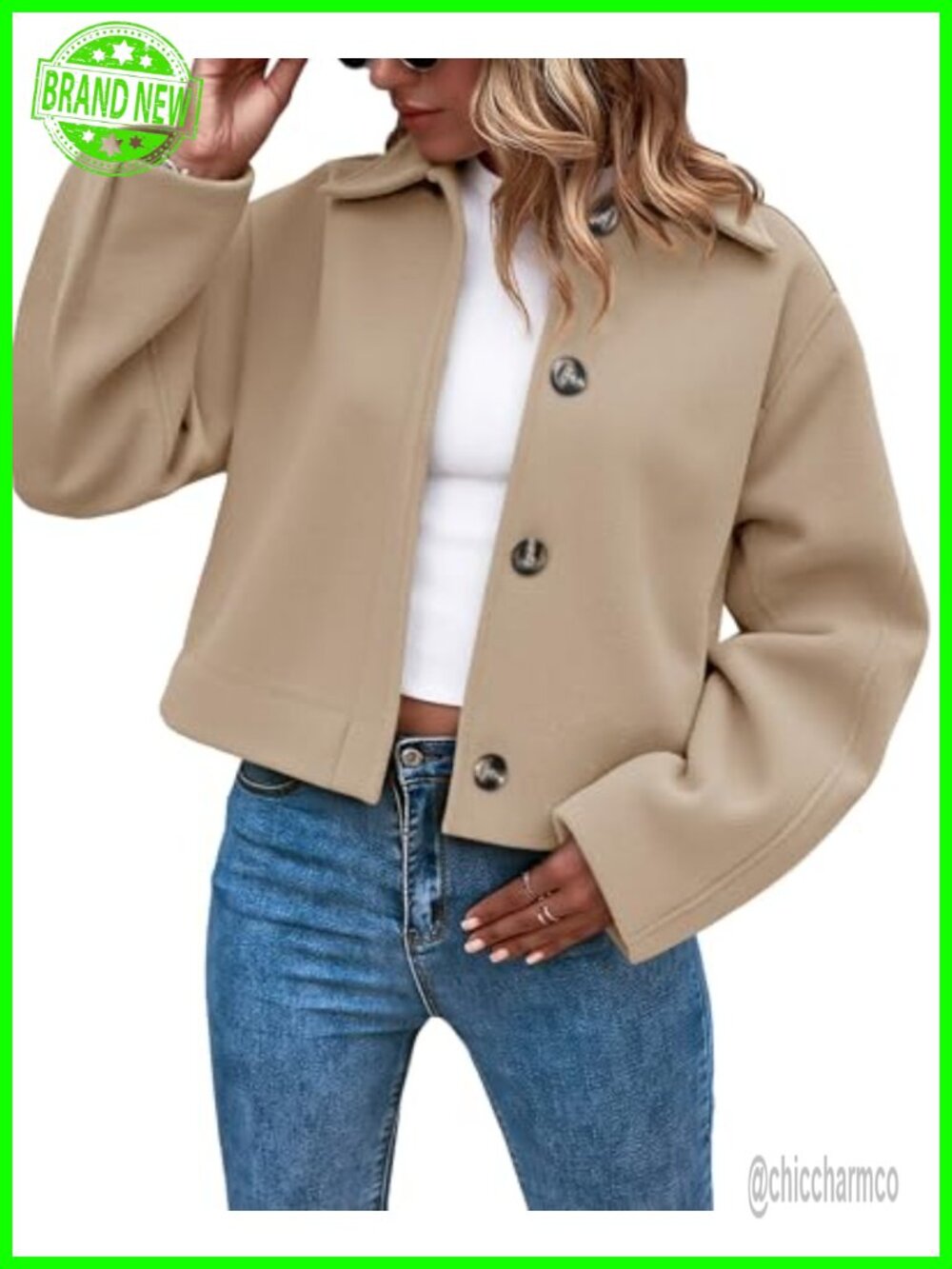 Cropped Pea Coat Button Down Lapel Collar Long Sleeve Wool Blend